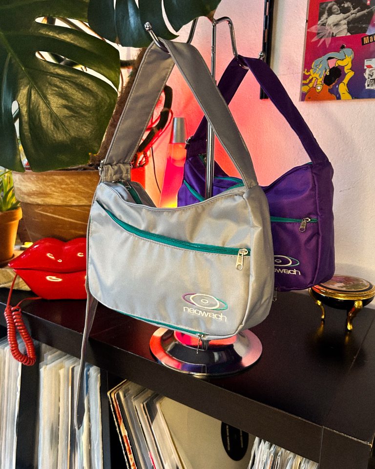 Neowach mini bags ravewear grey purple vintage queer front
